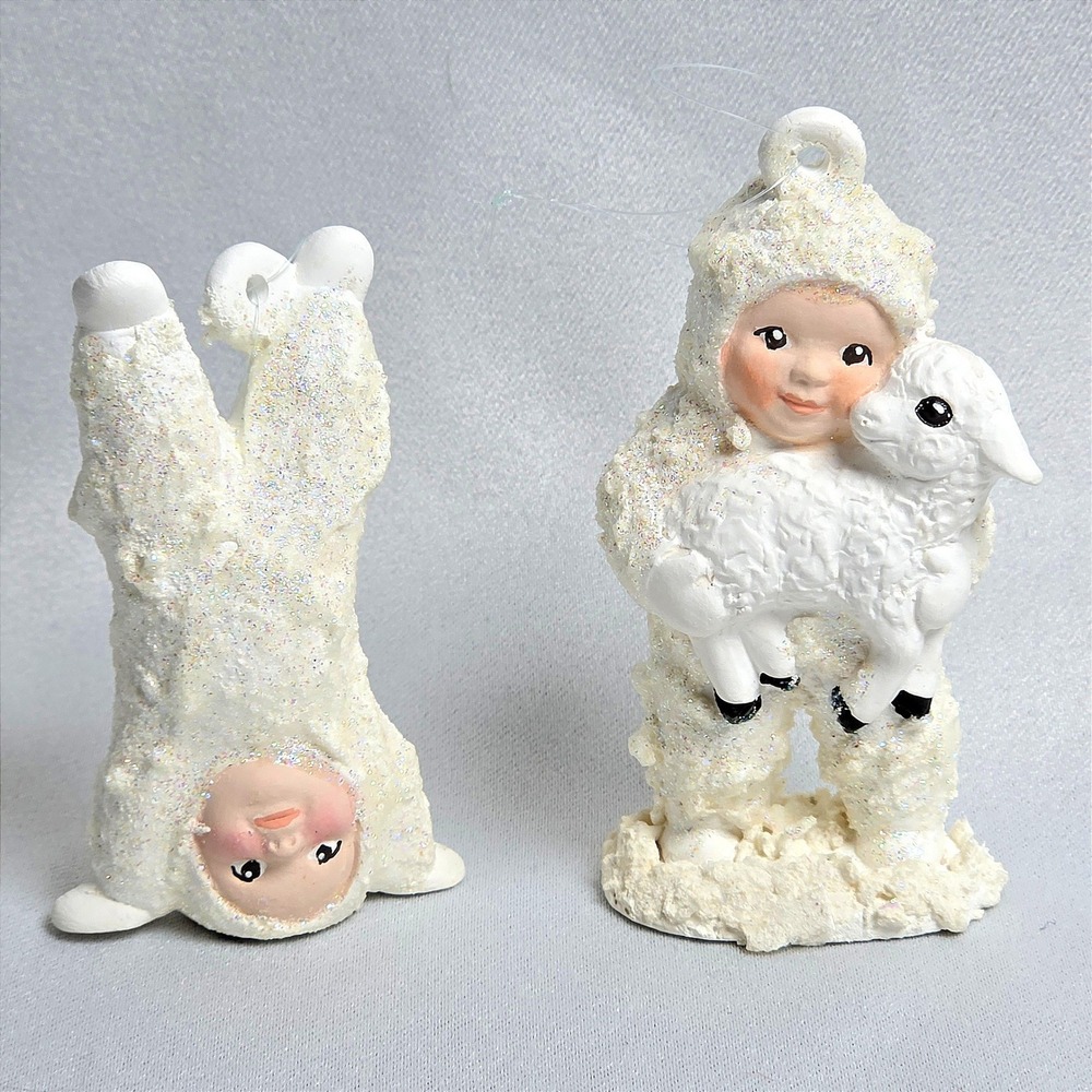 Snow Baby Figurines Set of 2 Glitter Christmas Ornaments Lamb Headstand White